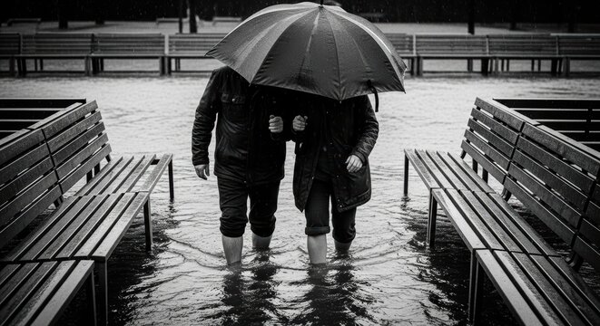Couple walking in rain with umbrella through flooded park in black and white