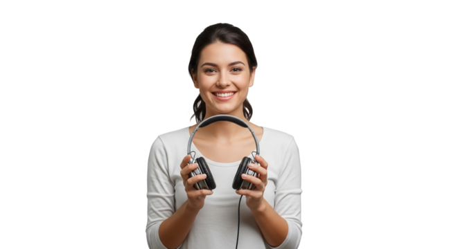 Young Smiling Woman Holding Headphones With a White Background Showing Abstract Colorful Dots and Sparkles Effect on a Transparent PNG Base