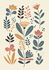 Fototapeta premium Stylized whimsical botanical pattern with floral and foliage elements