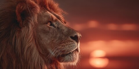 Naklejka premium Majestic lion gazing into the sunset against a vibrant orange sky at a wildlife reserve in the late afternoon