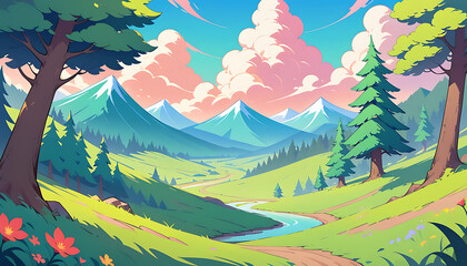 Beautiful anime style mountain valley landscape with a winding river