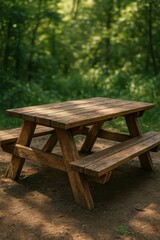 Weathered oak picnic table surface with soft-focus forest background for outdoor dining and nature-based product displays