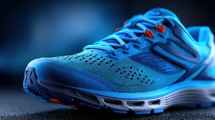 Bright blue running shoe displayed on a dark surface with dynamic lighting effects during a product showcase event
