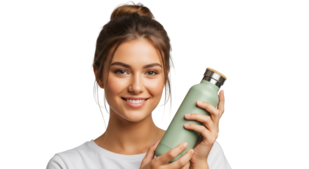 Beautiful Young Woman Smiling Holding a Modern Reusable Water Bottle on White Background