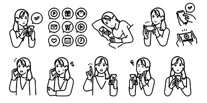 Facial expression variation set of a young woman holding a smartphone