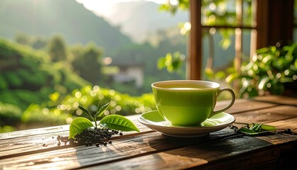A vibrant cup of green tea sits on a rustic wooden table, overlooking a lush tea plantation, bathed in morning light.