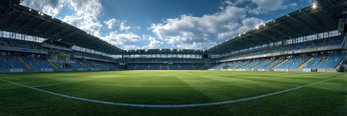 Panoramic view of a modern soccer stadium during a sunny afternoon with scattered clouds