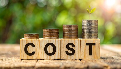 Wooden blocks spelling out the word "cost" with stacks of coins illustrating increasing costs, set against a blurred green background, a small plant atop the highest stack of coins, and natural...