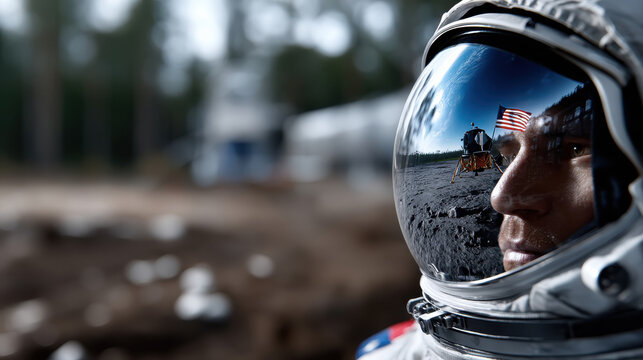 An astronaut's visor reflects the lunar lander and American flag, showcasing the monumental achievement of human exploration on the moon with profound emotions of pride. - Powered by Adobe