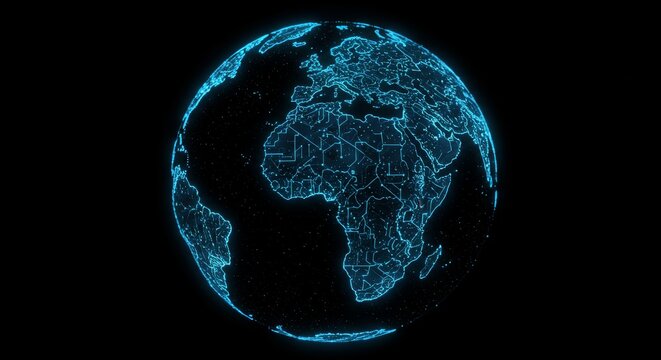 Futuristic Blue Holographic Globe with Glowing Continents and Borders on Black Background.