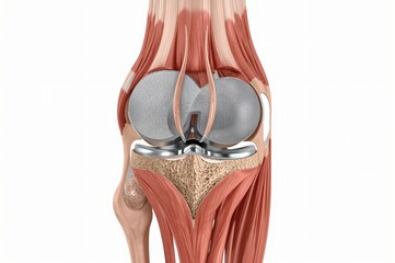 Artificial knee joint, anatomy, surgery, 3D model, white background, medical illustration