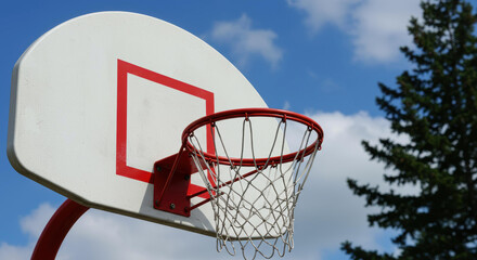 An empty basketball hoop on a sunny day, evoking the anticipation of play, outdoor sports, and childhood nostalgia