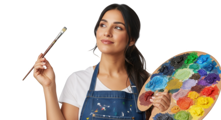 Young Woman Artist Holding Paintbrush and Palette with Colorful Paints While Thinking Creative Ideas