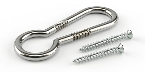 3D Render Chrome Eye Bolt with Screws, Metal Fastener, Hardware, Installation Hardware, Fasteners