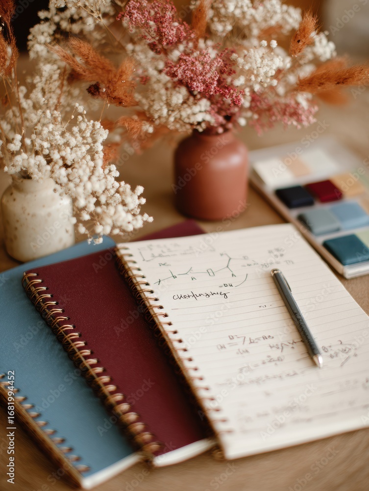 Poster on a wooden table, colorful notebooks are arranged next to handwritten notes and a decorative flower