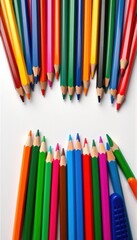 Fototapeta premium Vibrant, freshly sharpened colored pencils arranged on a clean white background, ready for artistic creation, sharp, tools
