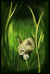 A cat lies in the grass illuminated by light