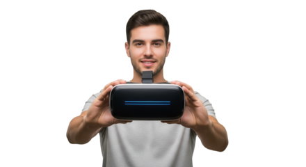 Man Holds Virtual Reality Headset Demonstrating New Technology and Entertainment Options