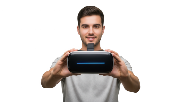 Man Holds Virtual Reality Headset Demonstrating New Technology and Entertainment Options