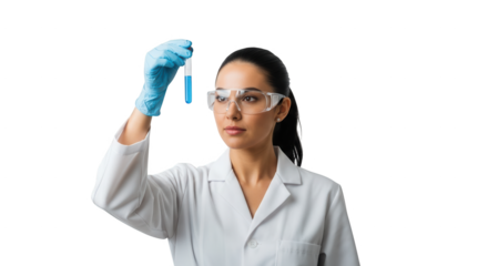 Scientist holding a test tube with blue liquid and wearing safety goggles and gloves in a laboratory setting examining the substance for research purposes