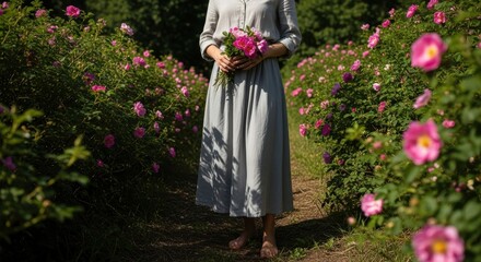 Woman in gray dress holding roses in lush flower garden