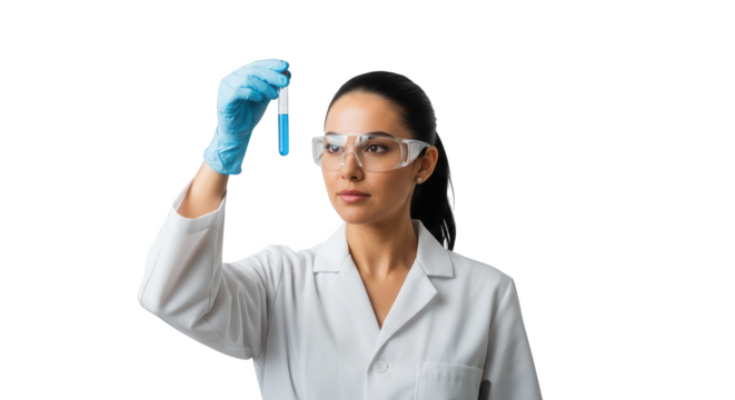 Scientist holding a test tube with blue liquid and wearing safety goggles and gloves in a laboratory setting examining the substance for research purposes