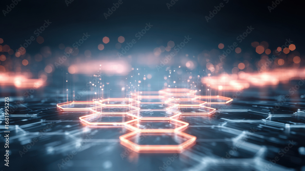 Aufkleber futuristic digital hexagons glowing in network, representing technology and innovation. vibrant colo