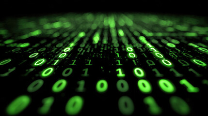 Digital binary code flows in mesmerizing pattern, creating sense of depth and movement. vibrant green numbers against dark background evoke futuristic and technological atmosphere