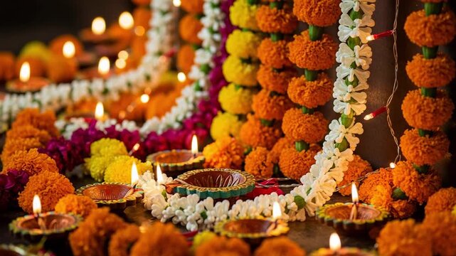 Close up of traditional Indian Diwali decorations with lit clay lamps or diyas and colorful marigold flower garlands.