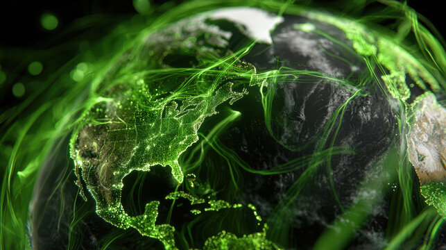 Digital representation of Earth showcasing vibrant green light trails, symbolizing connectivity and technology. image highlights North America with intricate patterns, evoking sense of innovation