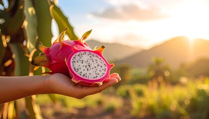 A vibrant pink dragon fruit, sliced in half, is held in a hand against a backdrop of a lush landscape at sunrise.