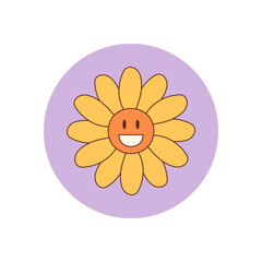 Groovy retro flower smiley sticker, cute cartoon with yellow sun and happy face sticker. Bright groovy element and sunshine in y2k style add playful charm as a seal or sticker for package use.