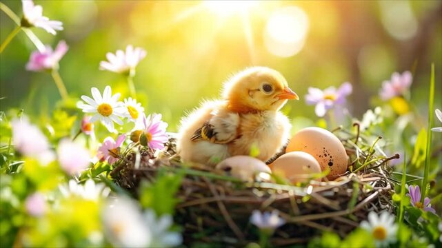 Baby chicks in a nest with eggs and flowers