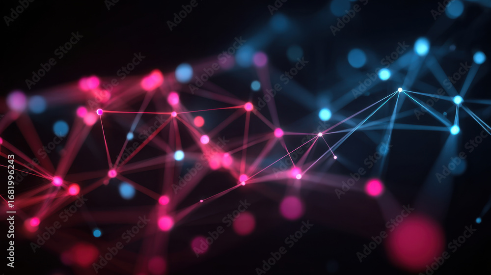 Poster abstract digital network with interconnected nodes and lines, featuring vibrant pink and blue colors