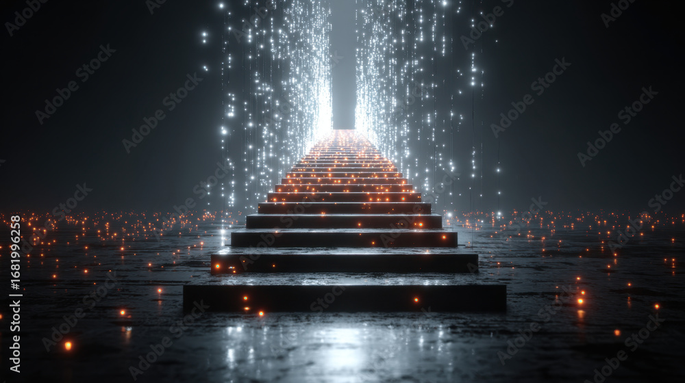 Poster mesmerizing pathway illuminated by shimmering lights leads to radiant portal, creating ethereal atmo