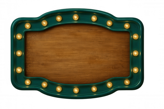 Empty wooden sign with teal frame and light bulbs is isolated on transparent background, creating a vintage or retro aesthetic