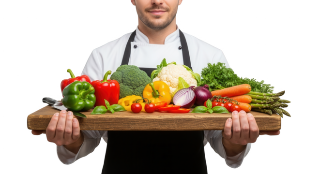 Professional Chef Holding a Wooden Cutting Board Filled with a Vibrant Assortment of Fresh Organic Vegetables and Healthy Foods for Culinary Preparation