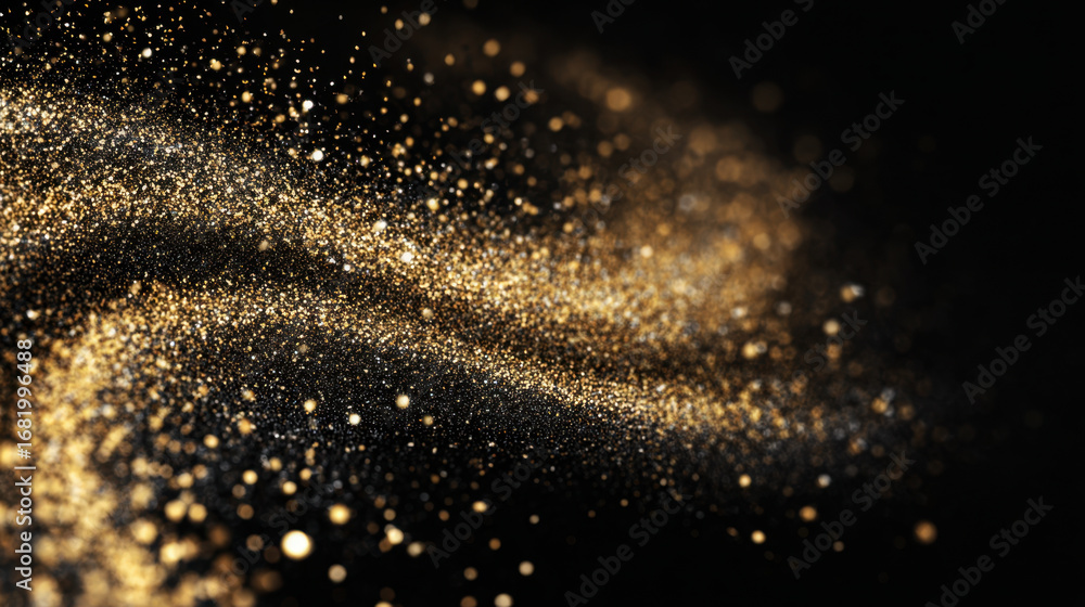 Poster shimmering gold particles create mesmerizing wave effect against dark background, evoking sense of e
