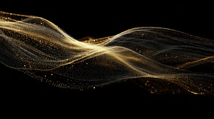 Mesmerizing wave of golden particles flows gracefully against dark background, creating sense of elegance and movement. This abstract design evokes feelings of luxury and sophistication