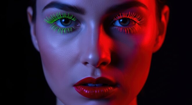 Close-up of young caucasian female with neon makeup and red lighting - Powered by Adobe