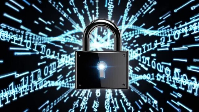 Black Padlock with Digital Encryption Icon on Surface of Binary Code and Programming Language