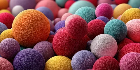 Colorful assortment of textured spheres in various sizes creates an eye-catching display in a vibrant setting