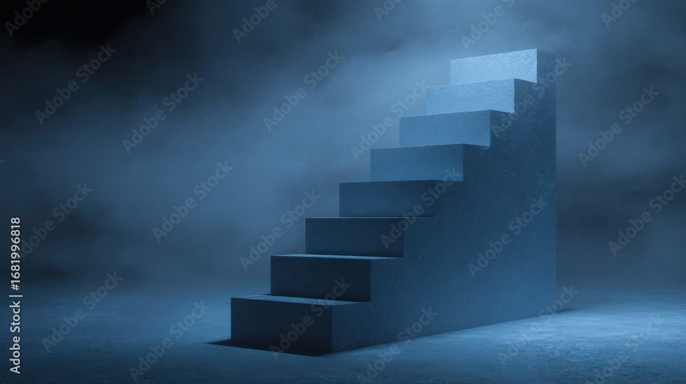 Poster mysterious staircase emerges from foggy atmosphere, illuminated by soft blue light, creating etherea