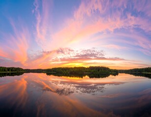 Panoramic sunset over a lake