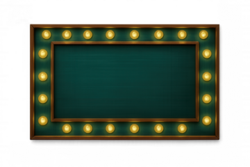 Glowing vintage light bulbs surrounding emerald chalkboard surface, illuminating minimalist design against transparent backdrop