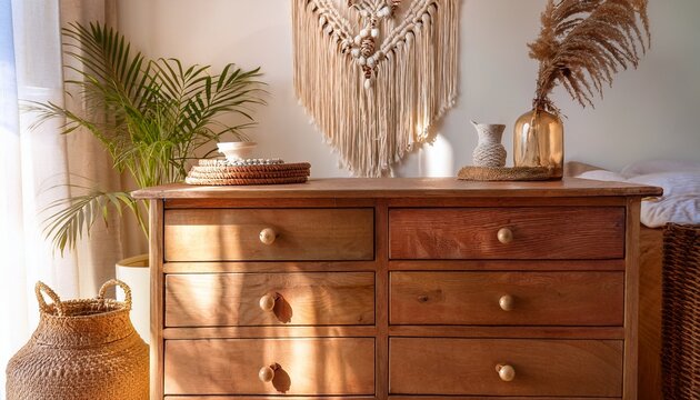 vintage boho decor antique brass knobs adorn a rustic wood dresser in a sunlit boho bedroom with macrame accents exuding texture