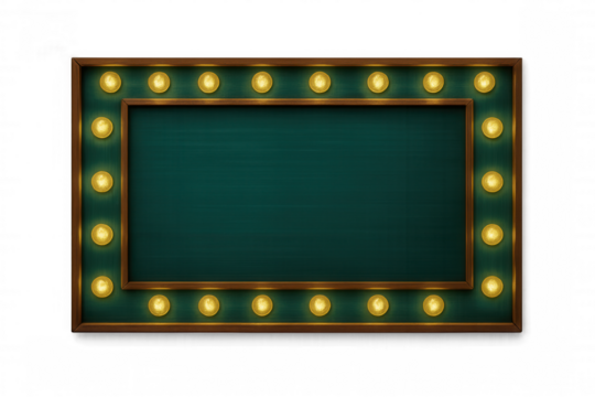 Glowing vintage light bulbs surrounding emerald chalkboard surface, illuminating minimalist design against transparent backdrop