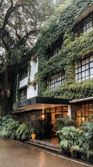 A lushly-planted building facade, adorned with greenery, stands out on a wet street.
