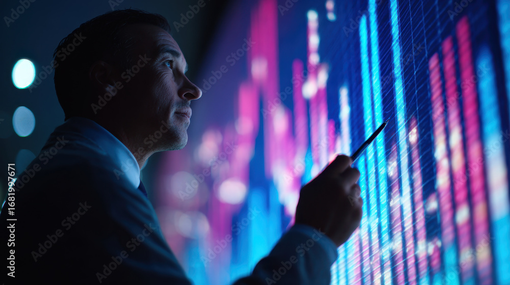 Poster business professional analyzes data trends on digital screen, showcasing vibrant graphs and charts. 