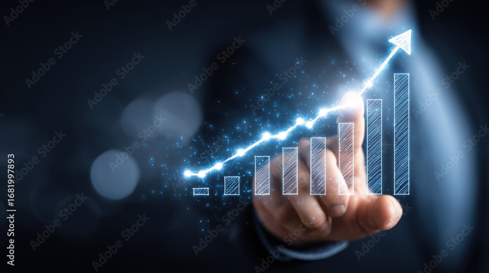 Poster business growth concept with hand pointing at rising graph, symbolizing success and progress in fina